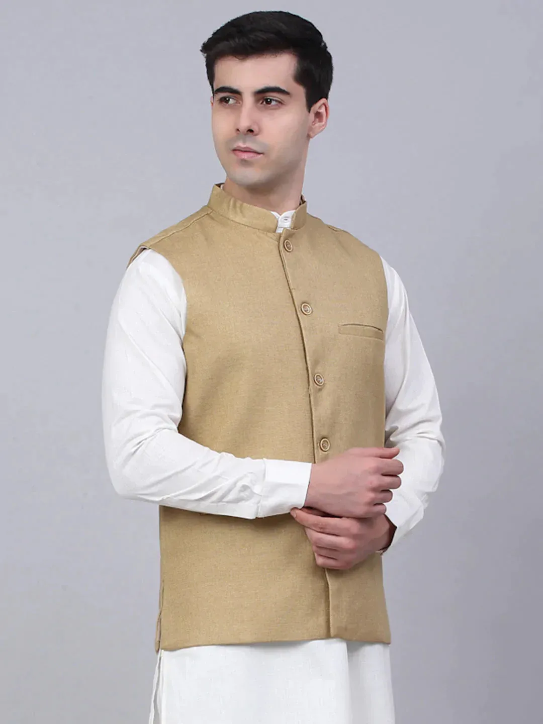 Men Beige Solid Woven Sleeveless Nehru Jackets