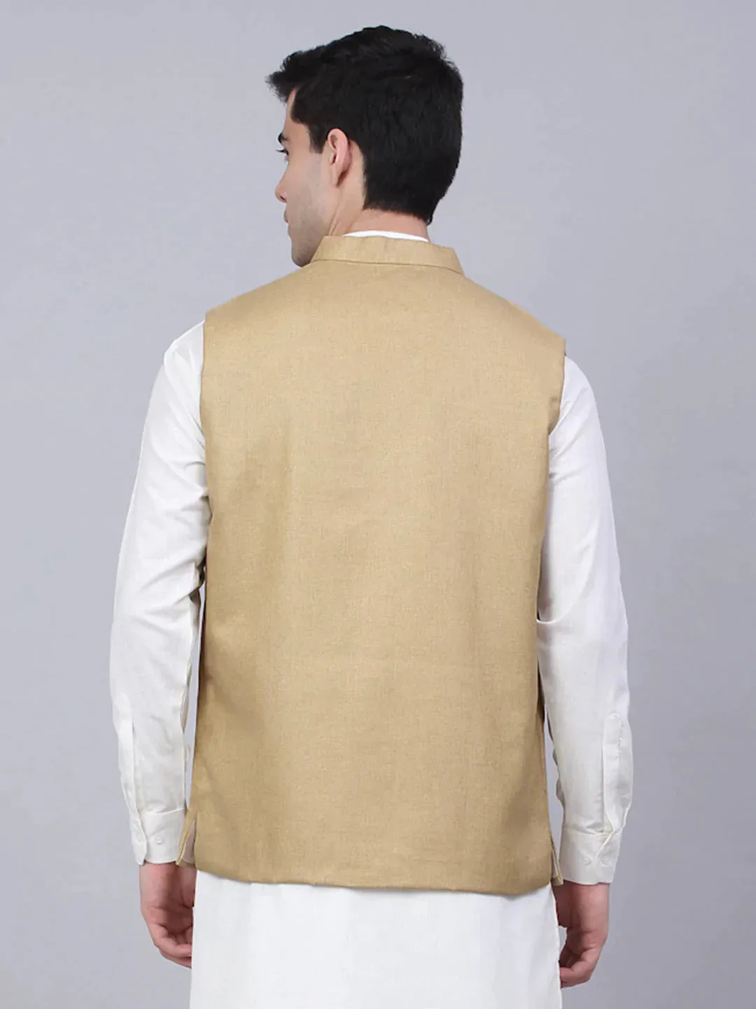 Men Beige Solid Woven Sleeveless Nehru Jackets