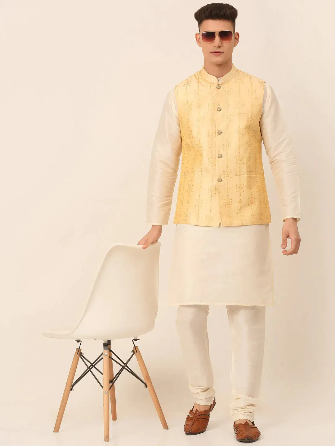 Men Golden Embroidered Woven Nehru Jackets