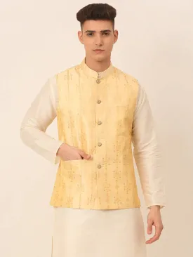 Men Golden Embroidered Woven Nehru Jackets