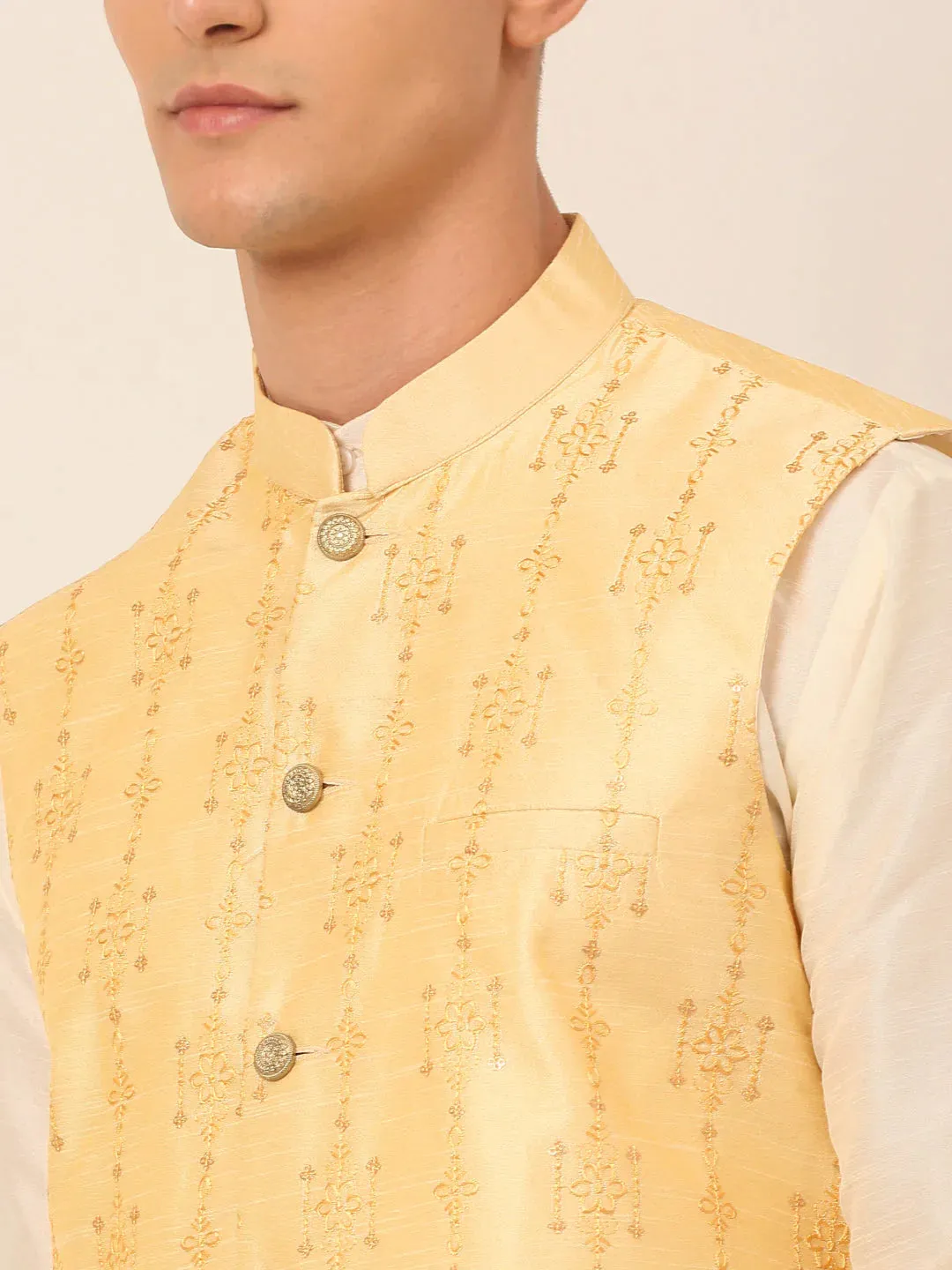 Men Golden Embroidered Woven Nehru Jackets