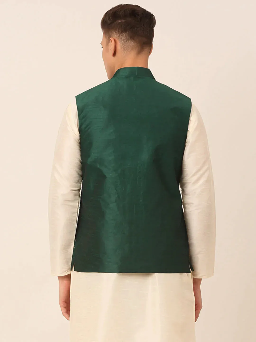 Men Green Embroidered Woven Nehru Jackets