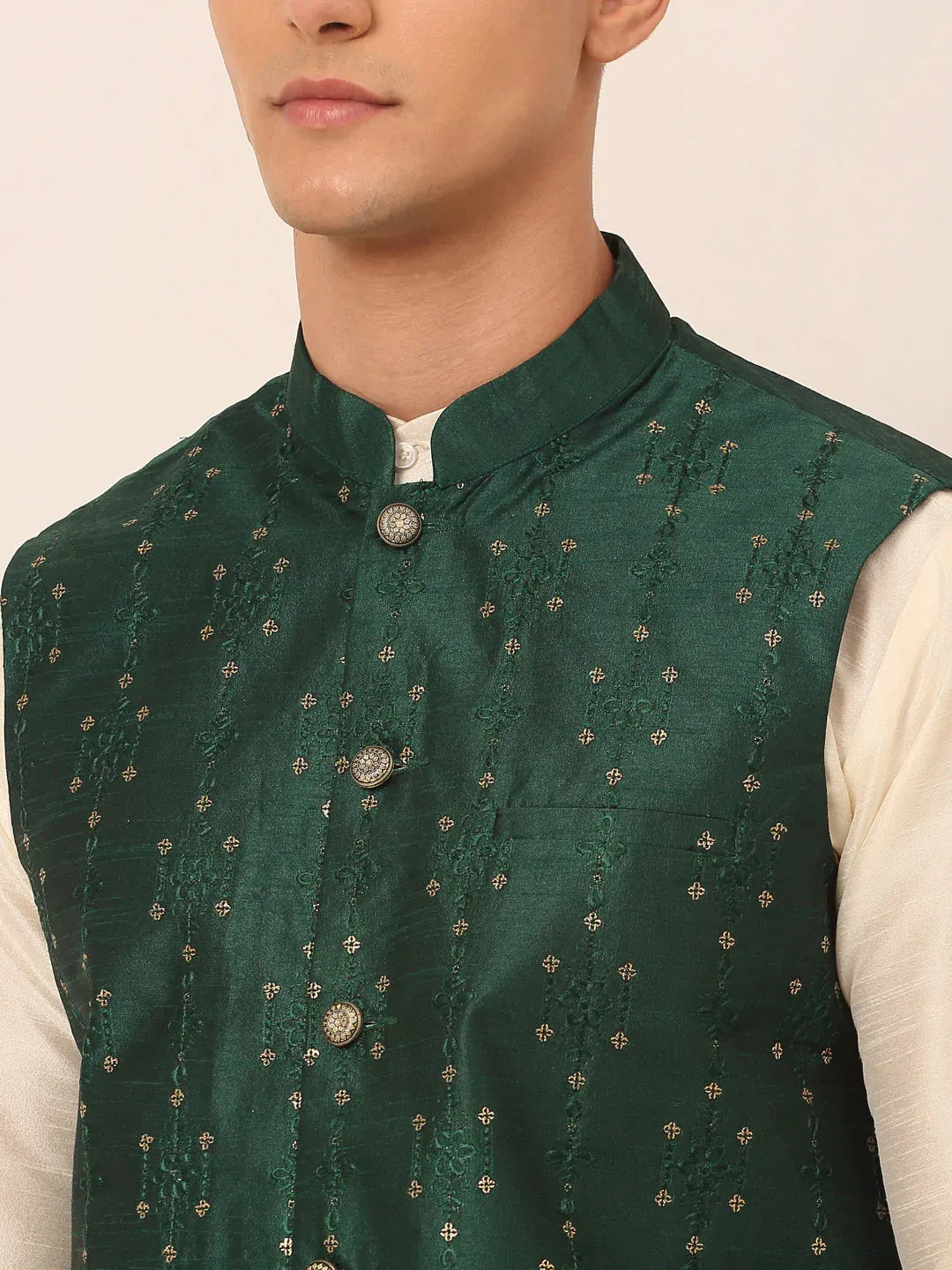 Men Green Embroidered Woven Nehru Jackets