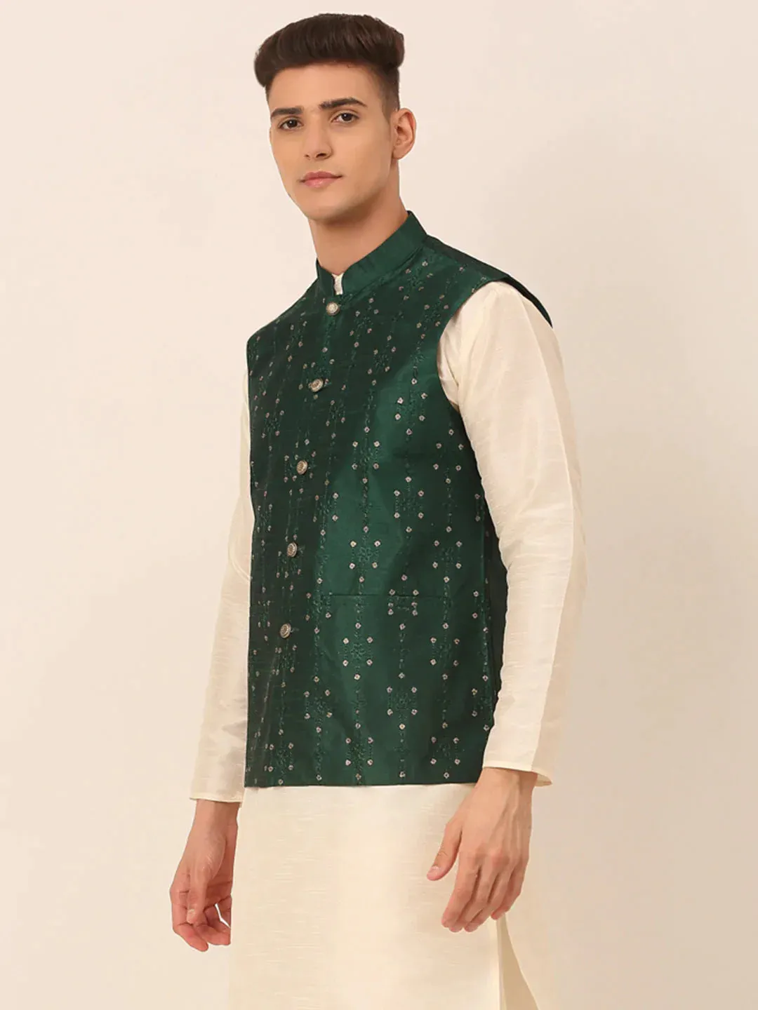 Men Green Embroidered Woven Nehru Jackets