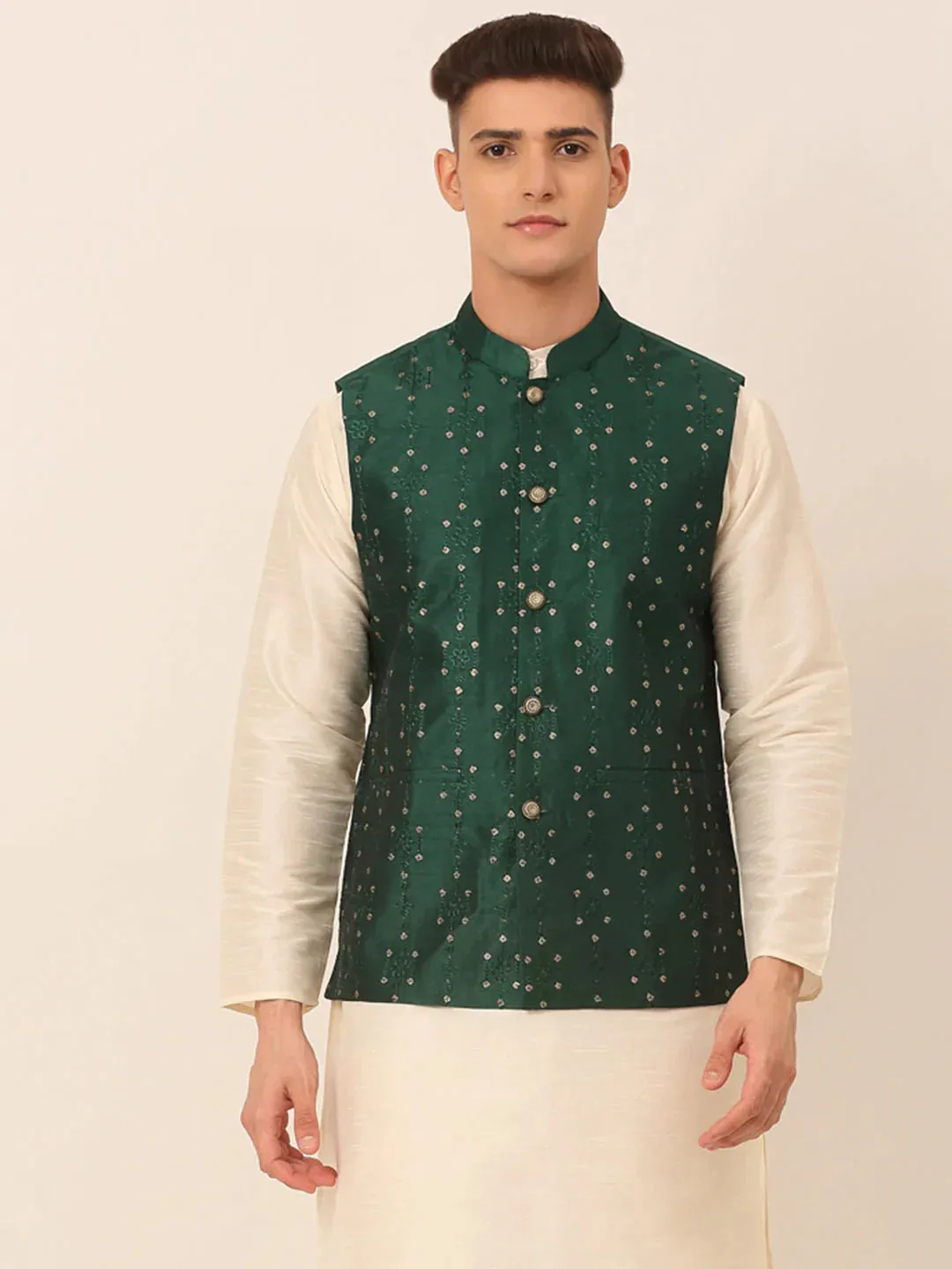 Men Green Embroidered Woven Nehru Jackets