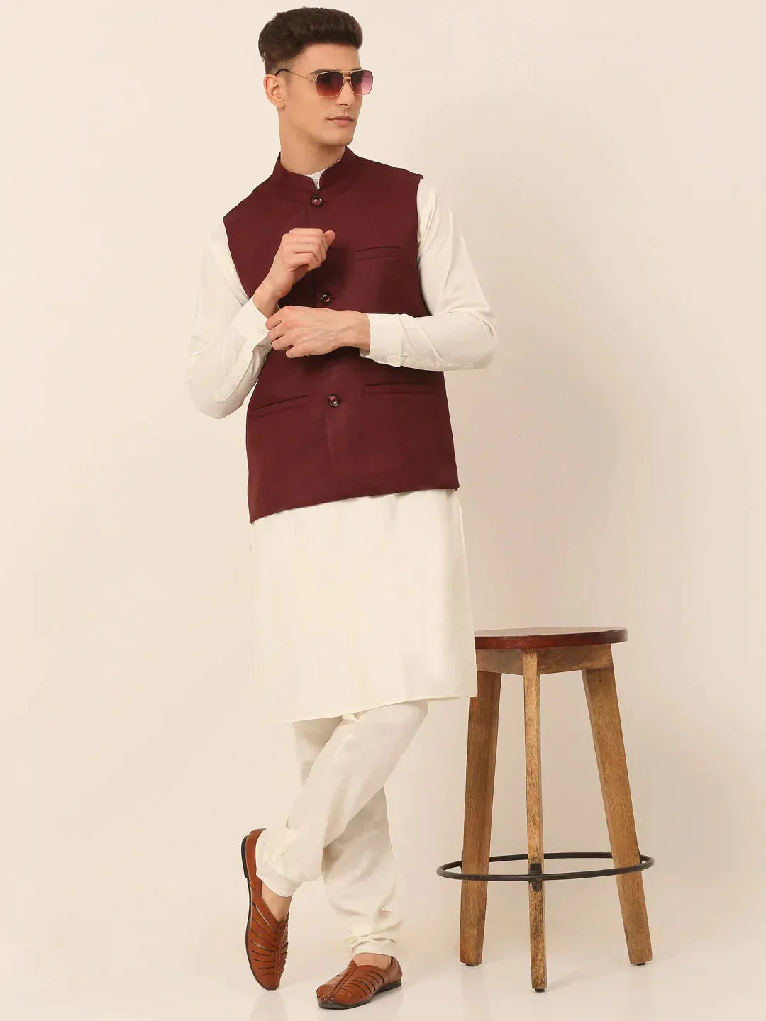 Men Maroon Solid Woven Sleeveless Nehru Jackets