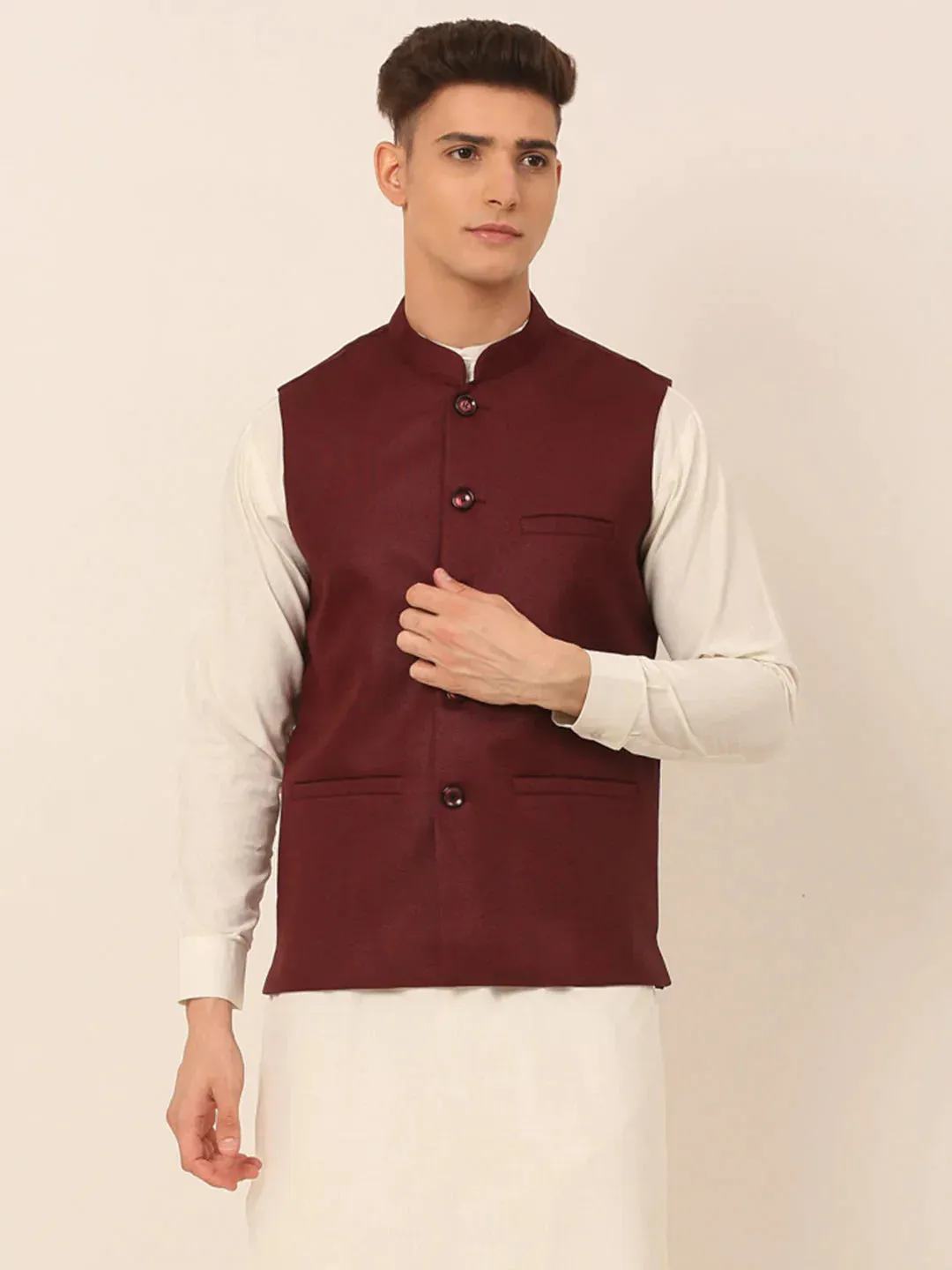 Men Maroon Solid Woven Sleeveless Nehru Jackets