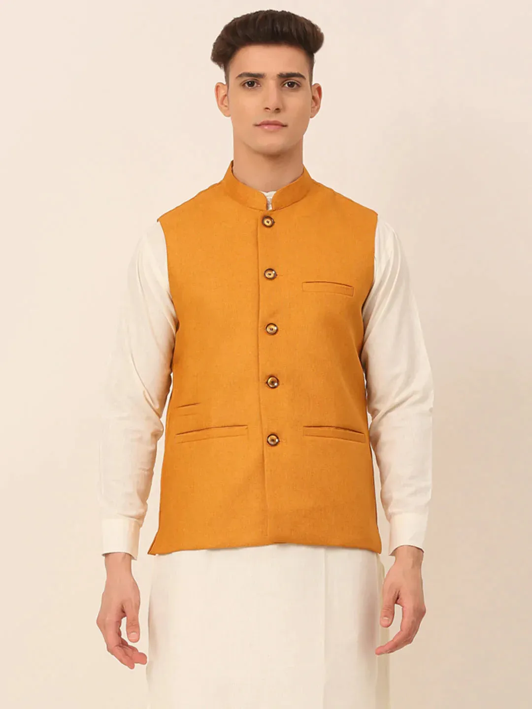 Men Mustard Solid Woven Sleeveless Nehru Jackets