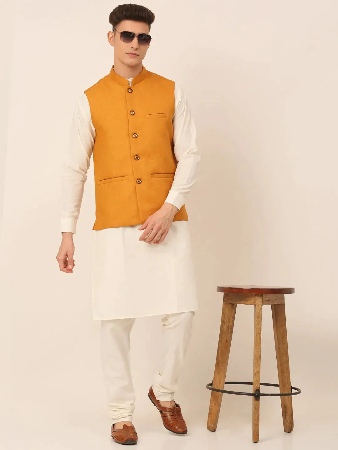 Men Mustard Solid Woven Sleeveless Nehru Jackets