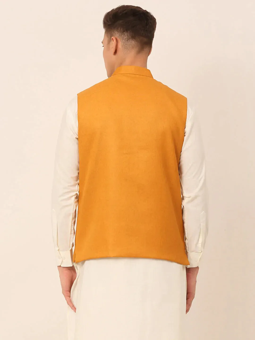 Men Mustard Solid Woven Sleeveless Nehru Jackets