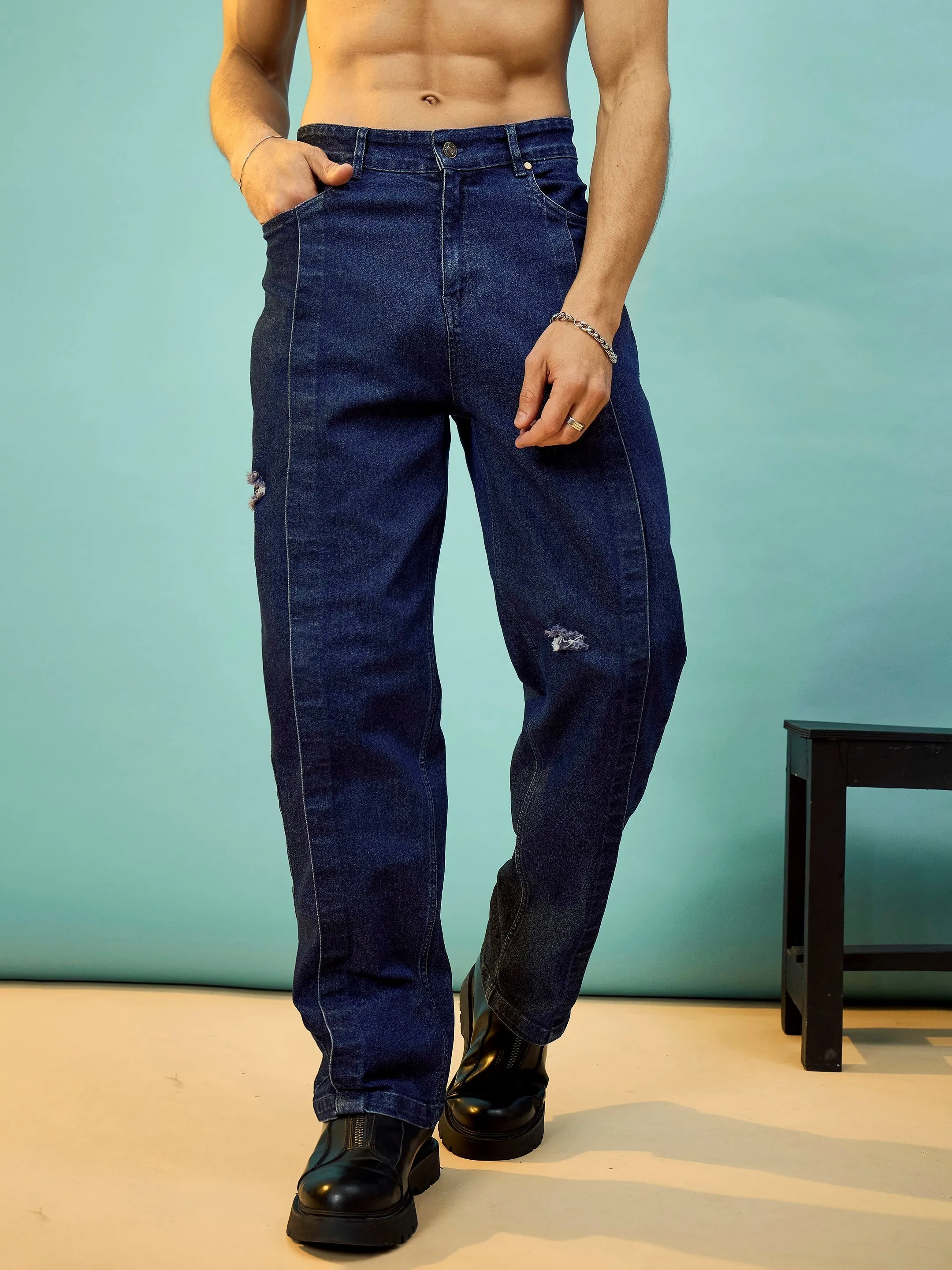 Men Navy Front Detail Oversize Jeans