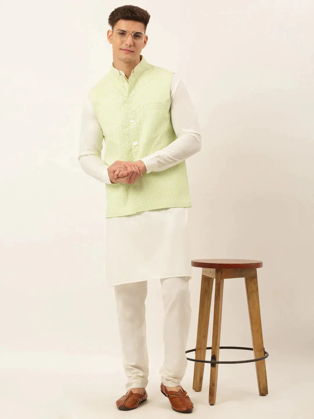 Men'S Green Embroidered Nehru Jackets