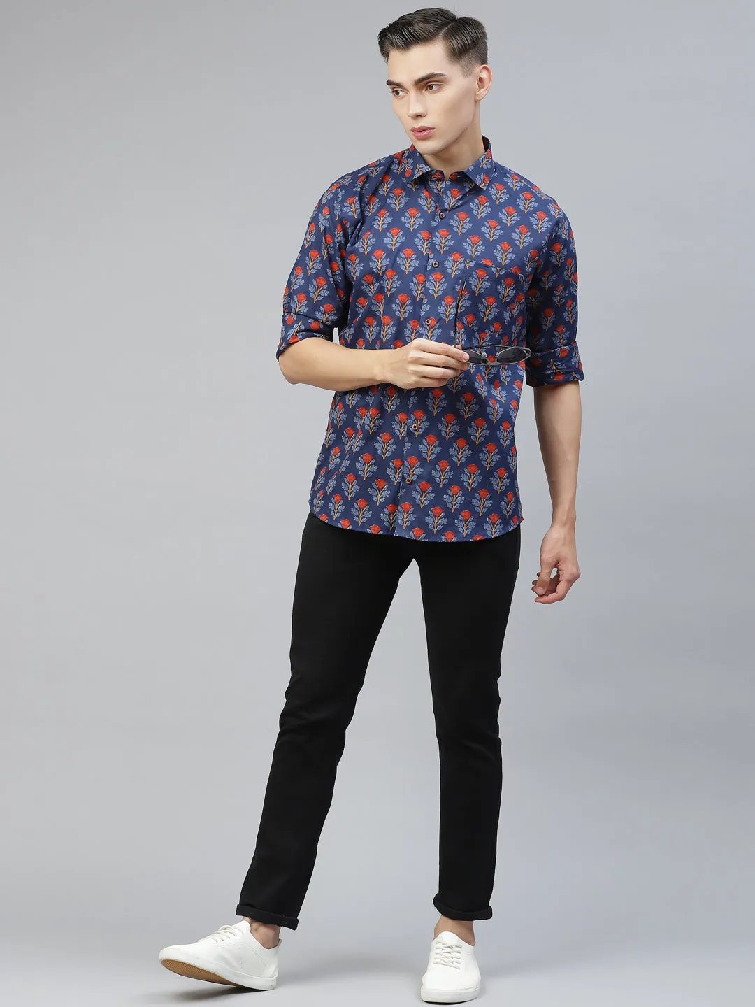 Millennial Men Navy Blue Cotton Full Sleeves Shirt-Mmf0254