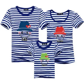 Ming Di Family Look Brand New 2016 Summer Family Matching Outfits T Shirt Short Sleeve Blue Striped Girl Mother Dad Son Clothing