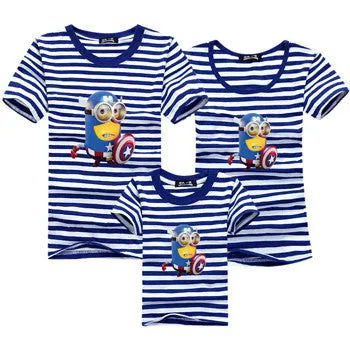 Ming Di Family Look Brand New 2016 Summer Family Matching Outfits T Shirt Short Sleeve Blue Striped Girl Mother Dad Son Clothing