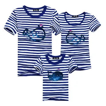 Ming Di Family Look Brand New 2016 Summer Family Matching Outfits T Shirt Short Sleeve Blue Striped Girl Mother Dad Son Clothing