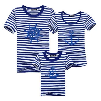 Ming Di Family Look Brand New 2016 Summer Family Matching Outfits T Shirt Short Sleeve Blue Striped Girl Mother Dad Son Clothing