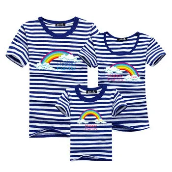 Ming Di Family Look Brand New 2016 Summer Family Matching Outfits T Shirt Short Sleeve Blue Striped Girl Mother Dad Son Clothing