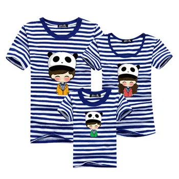 Ming Di Family Look Brand New 2016 Summer Family Matching Outfits T Shirt Short Sleeve Blue Striped Girl Mother Dad Son Clothing