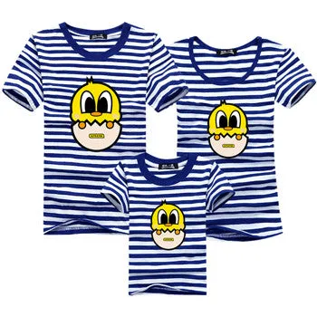 Ming Di Family Look Brand New 2016 Summer Family Matching Outfits T Shirt Short Sleeve Blue Striped Girl Mother Dad Son Clothing