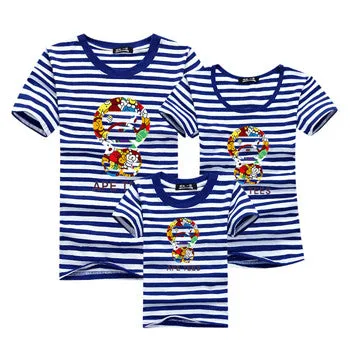 Ming Di Family Look Brand New 2016 Summer Family Matching Outfits T Shirt Short Sleeve Blue Striped Girl Mother Dad Son Clothing