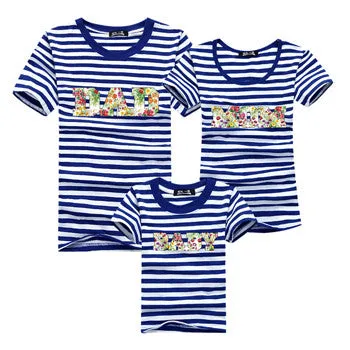 Ming Di Family Look Brand New 2016 Summer Family Matching Outfits T Shirt Short Sleeve Blue Striped Girl Mother Dad Son Clothing