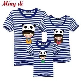 Ming Di Family Look Brand New 2016 Summer Family Matching Outfits T Shirt Short Sleeve Blue Striped Girl Mother Dad Son Clothing