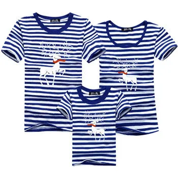 Ming Di Family Look Brand New 2016 Summer Family Matching Outfits T Shirt Short Sleeve Blue Striped Girl Mother Dad Son Clothing