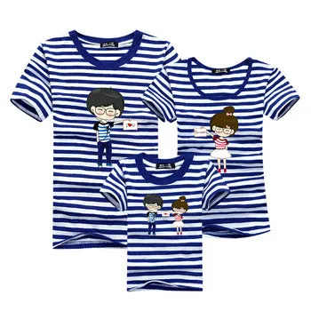 Ming Di Family Look Brand New 2016 Summer Family Matching Outfits T Shirt Short Sleeve Blue Striped Girl Mother Dad Son Clothing