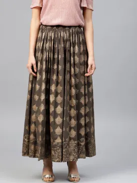 Mud Brown Printed Flared Ankle Length Skirt