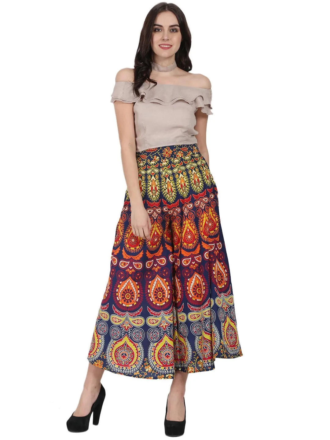 Multi Printed Ankle Length Cotton Flared Skirt