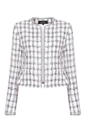 Navy and White Check Tweed Jacket with Fringed Edges - Gina