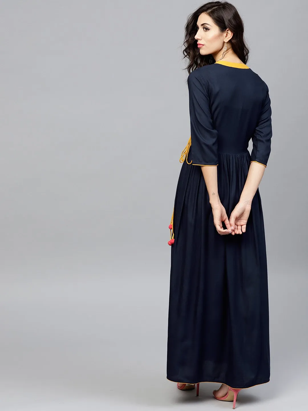 Navy Blue Angrakha Dress With Madarin Collar And 3/4 Sleeves