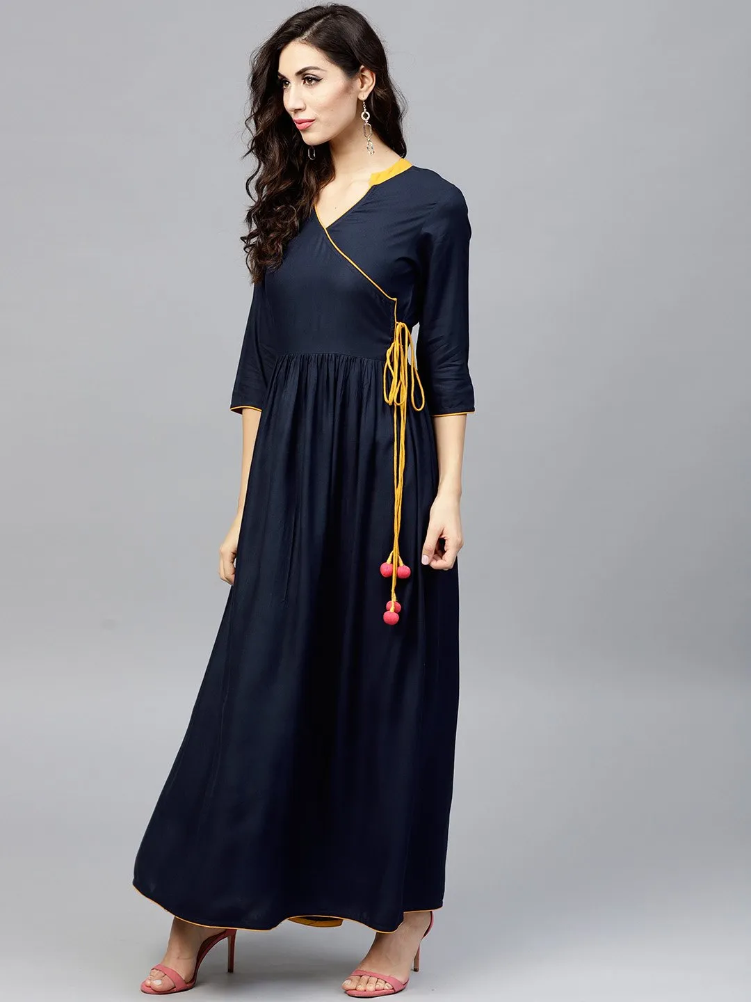 Navy Blue Angrakha Dress With Madarin Collar And 3/4 Sleeves