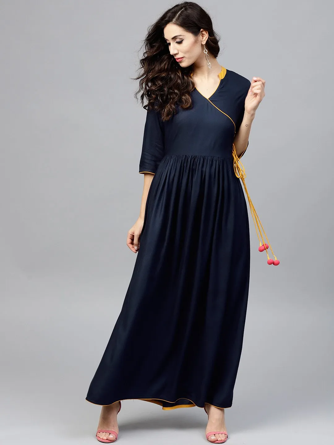 Navy Blue Angrakha Dress With Madarin Collar And 3/4 Sleeves