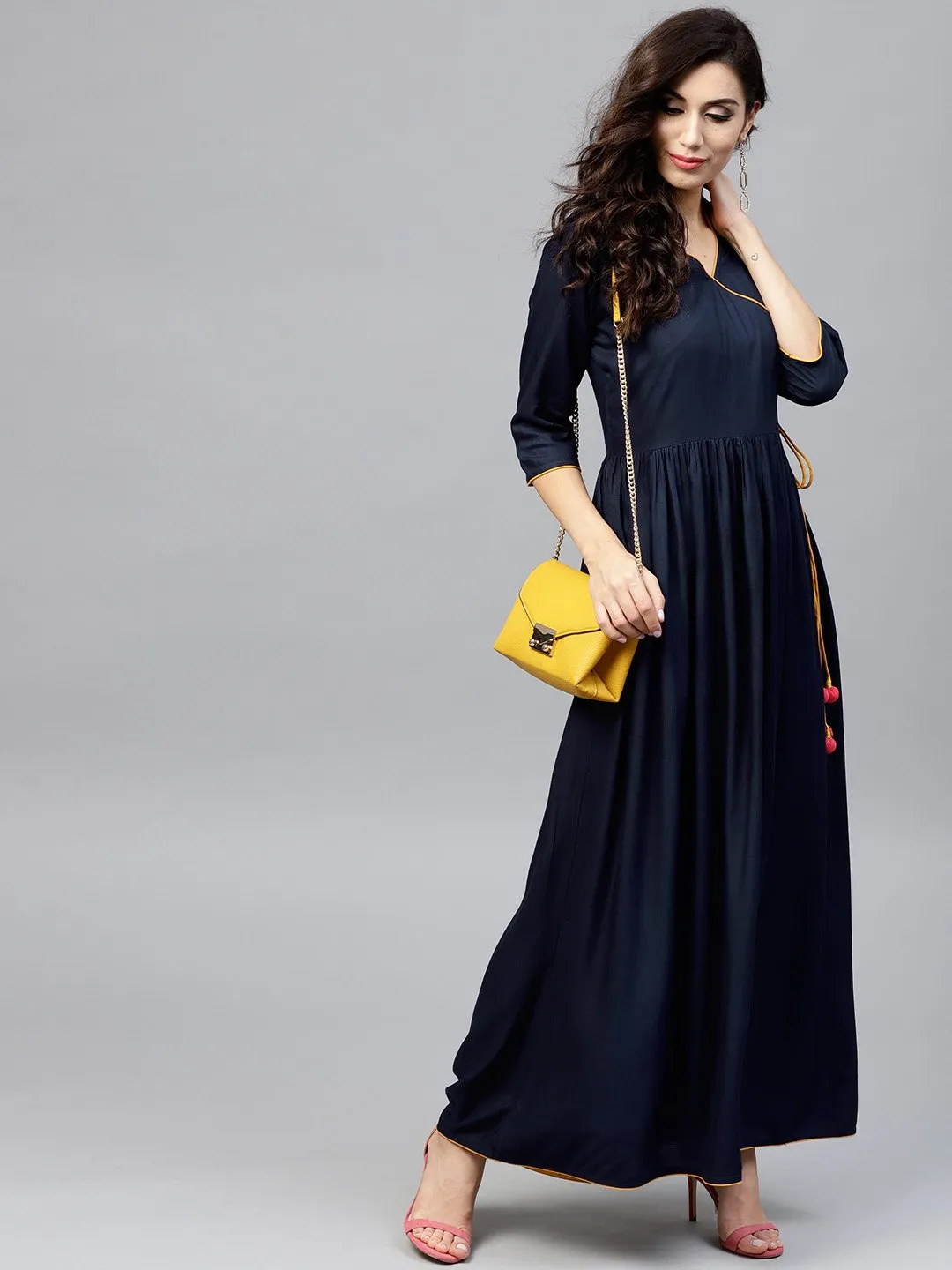 Navy Blue Angrakha Dress With Madarin Collar And 3/4 Sleeves