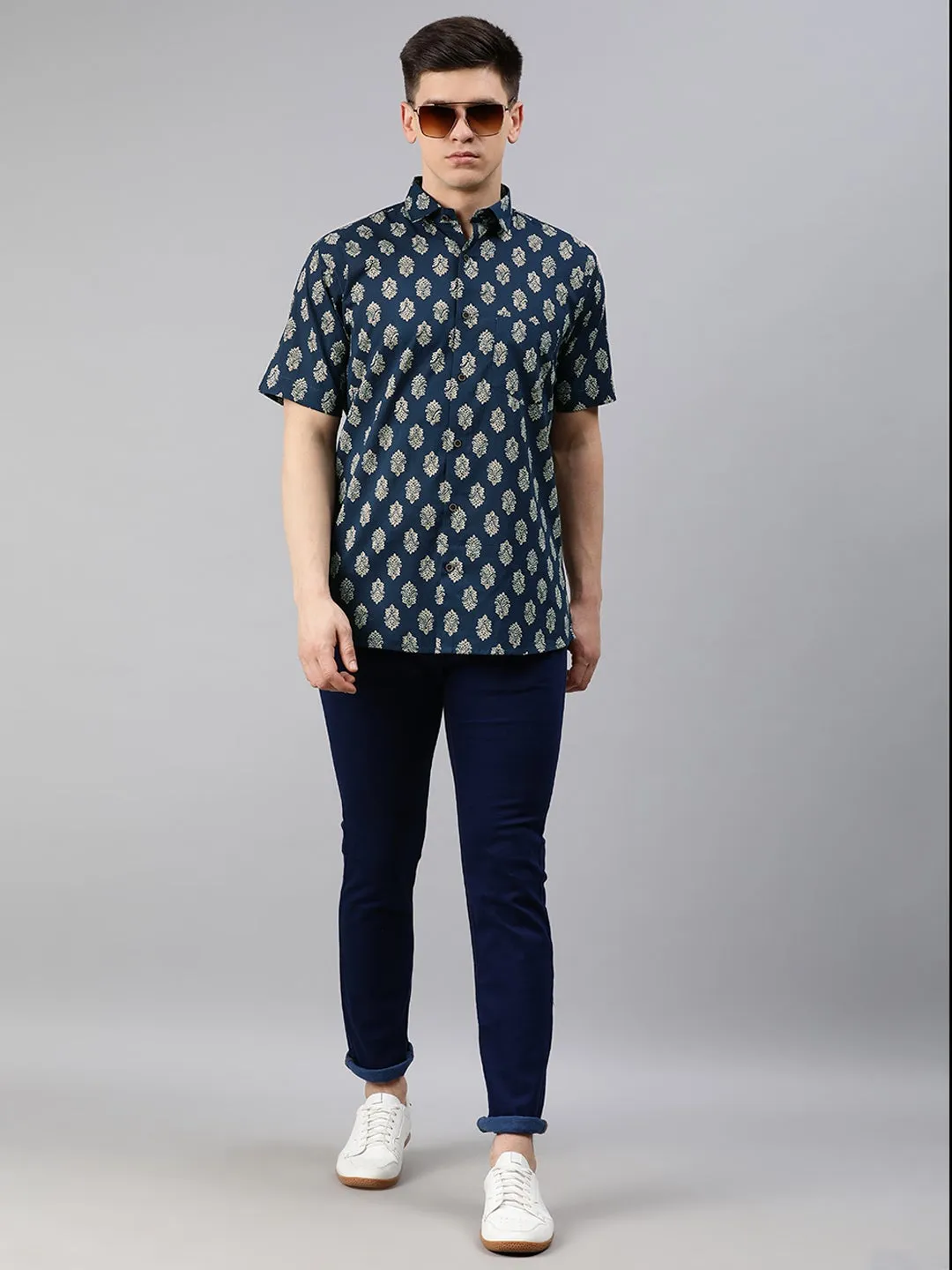 Navy Blue Cotton Short Sleeves Shirts For Men-Mmh00