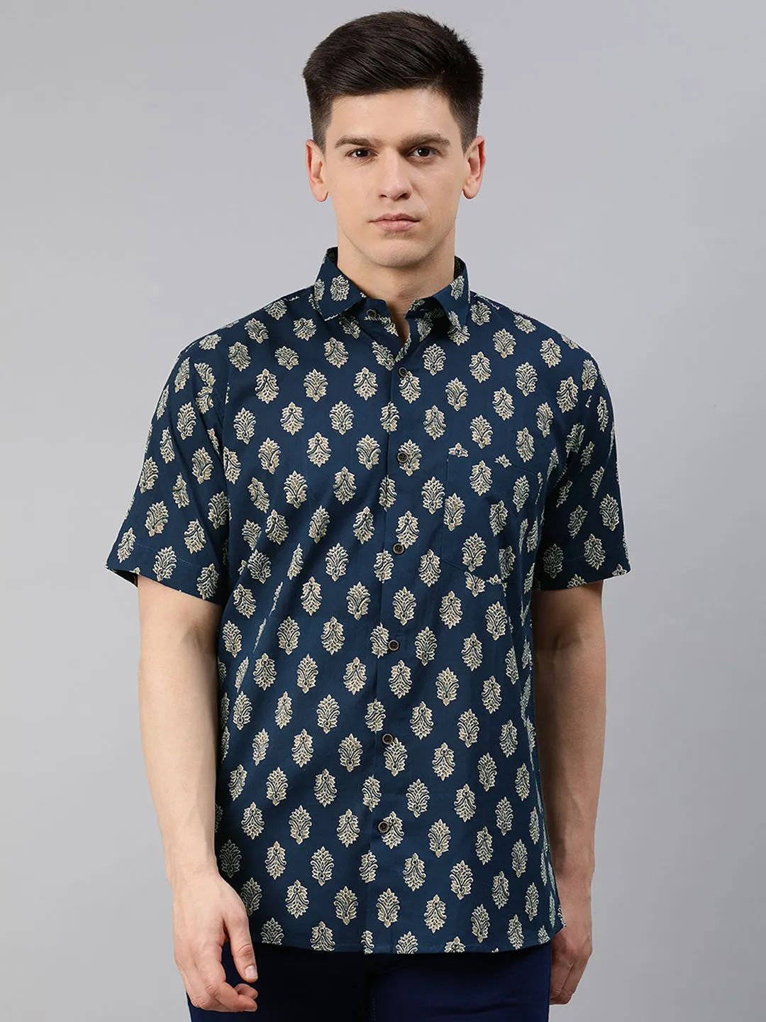 Navy Blue Cotton Short Sleeves Shirts For Men-Mmh00