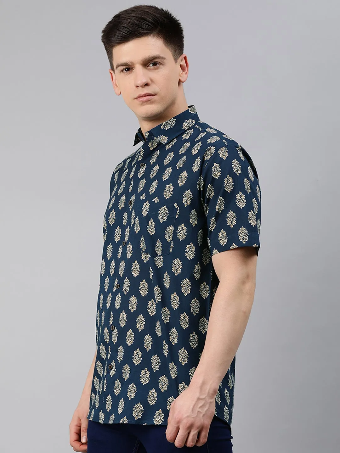 Navy Blue Cotton Short Sleeves Shirts For Men-Mmh00