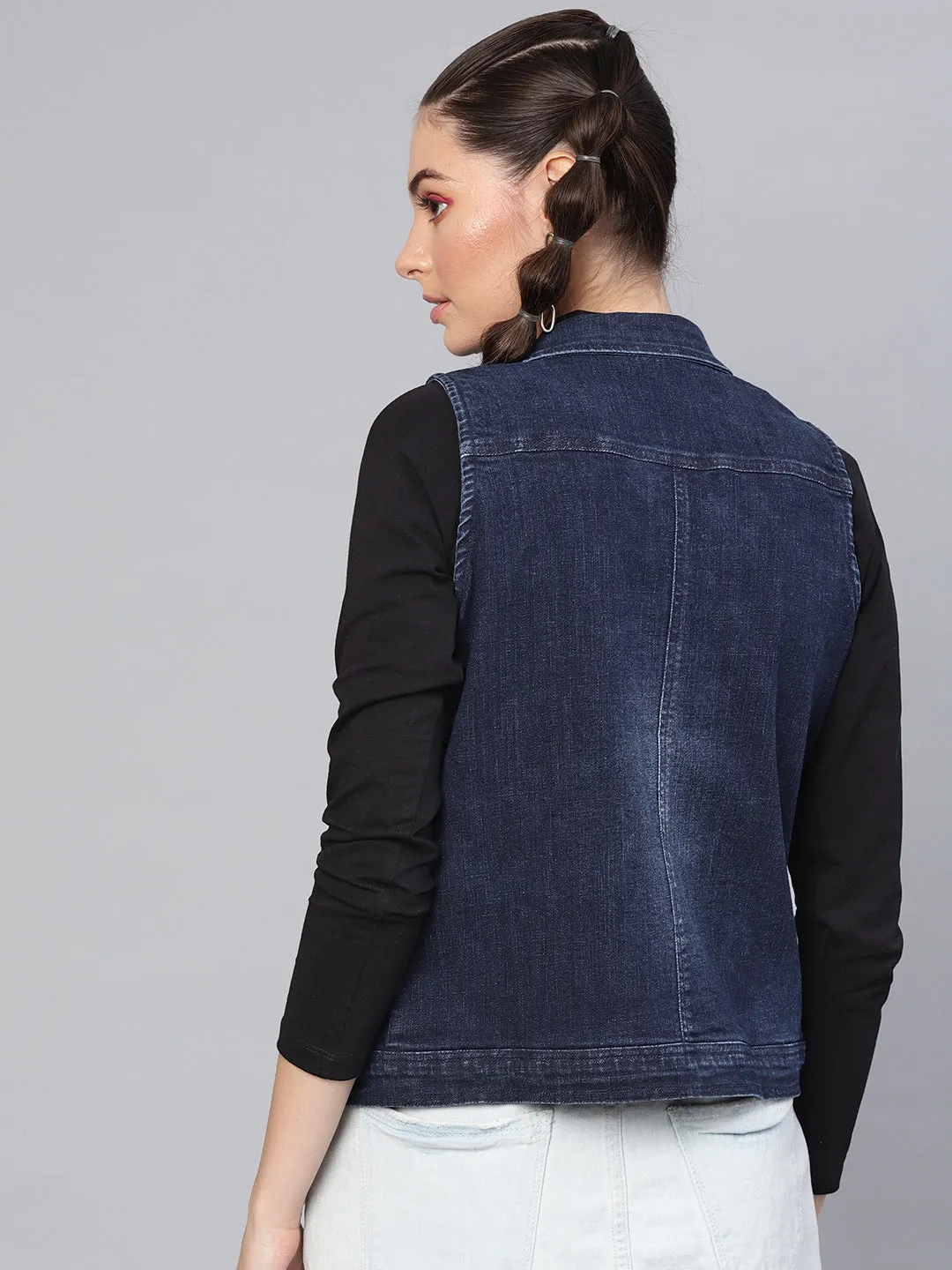 Navy Denim Distressed Waistcoat