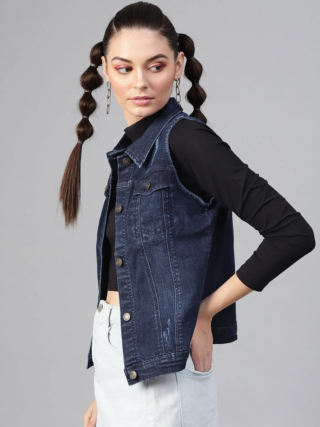 Navy Denim Distressed Waistcoat