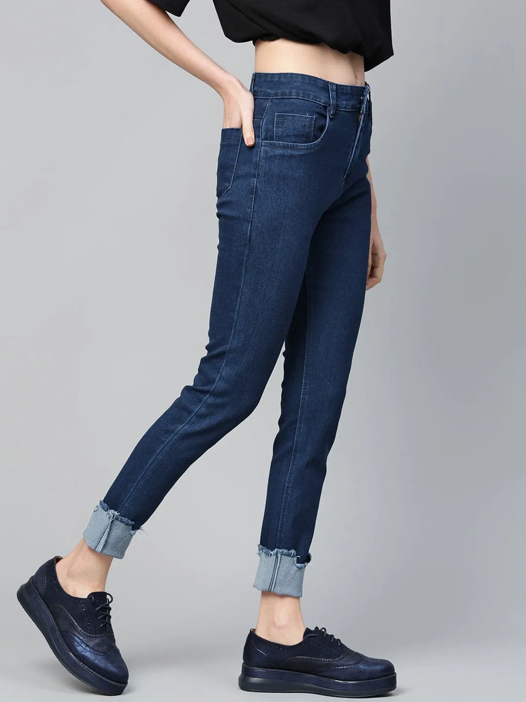 Navy Uneven Raw Hem Jeans