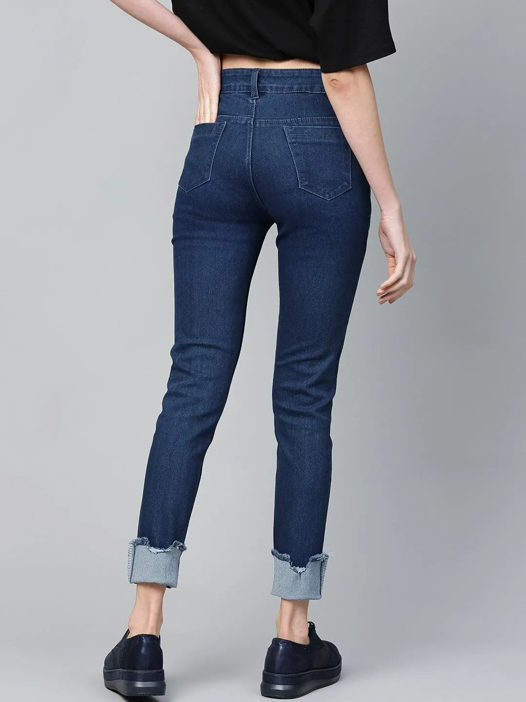 Navy Uneven Raw Hem Jeans