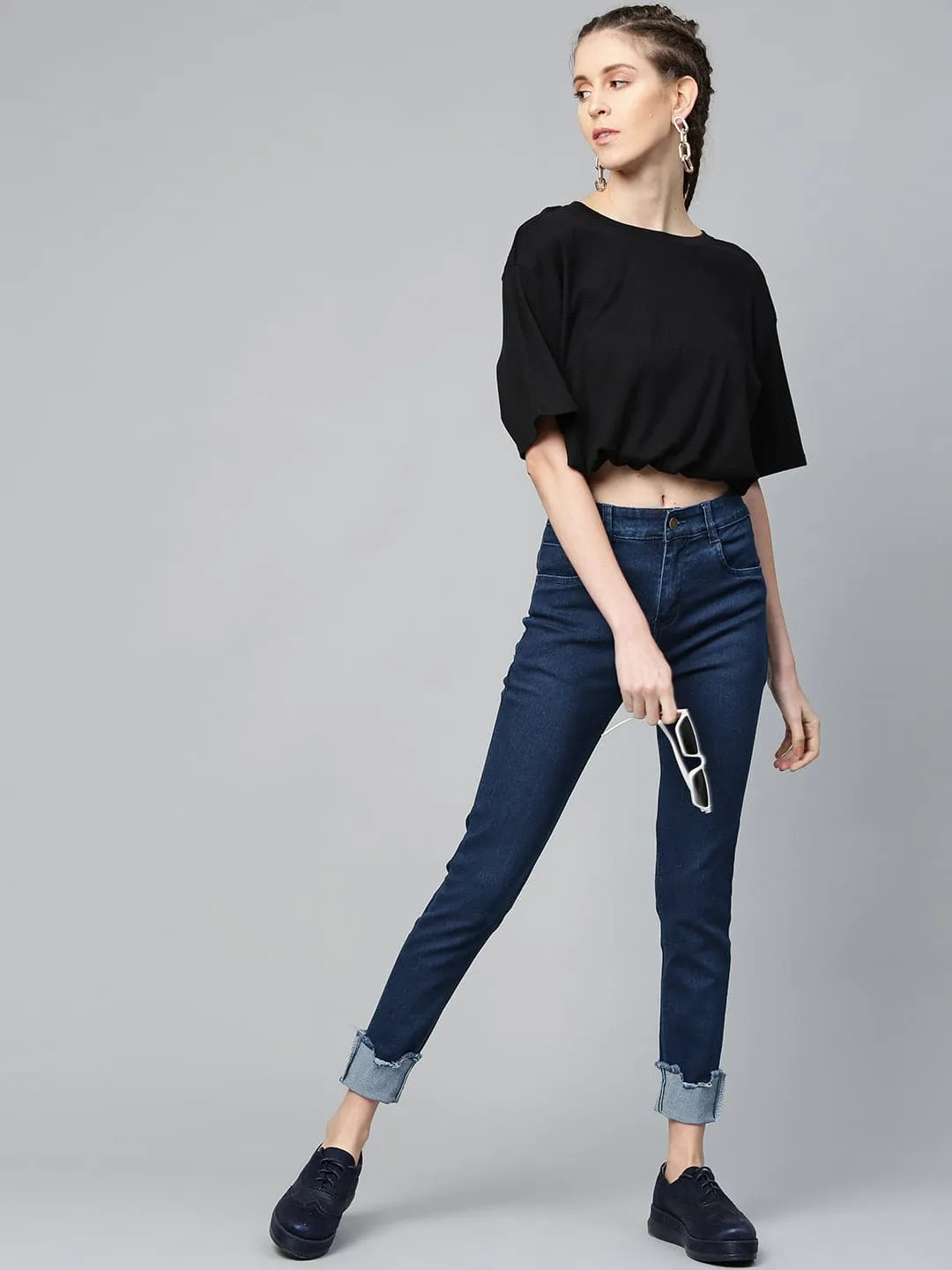 Navy Uneven Raw Hem Jeans