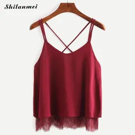 New Arrival Plain Wine Red Spaghetti Strap Lace Chiffon Camisole Cami Tank Top Korean 2017 Summer Female Blusa Cropped Feminino