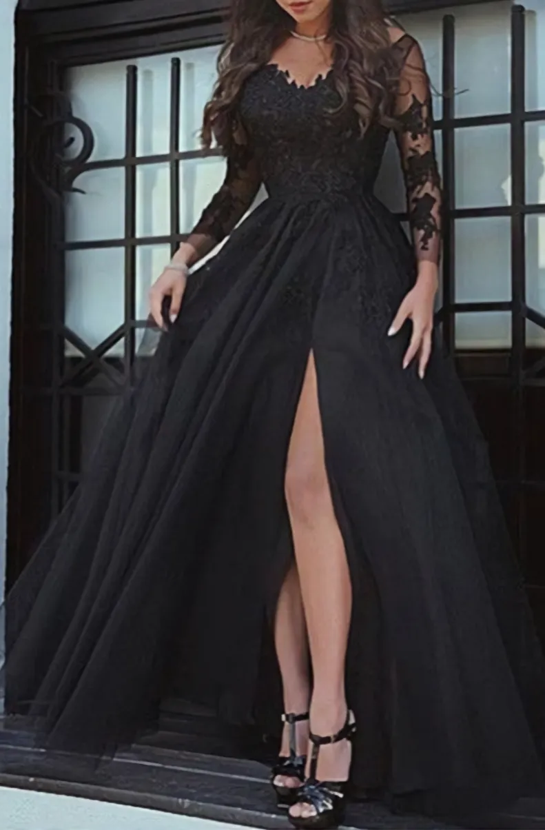 O Neck A Line Appliques Long Black Women Long Sleeves Prom Dresses