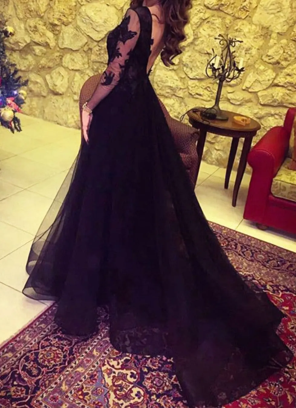 O Neck A Line Appliques Long Black Women Long Sleeves Prom Dresses