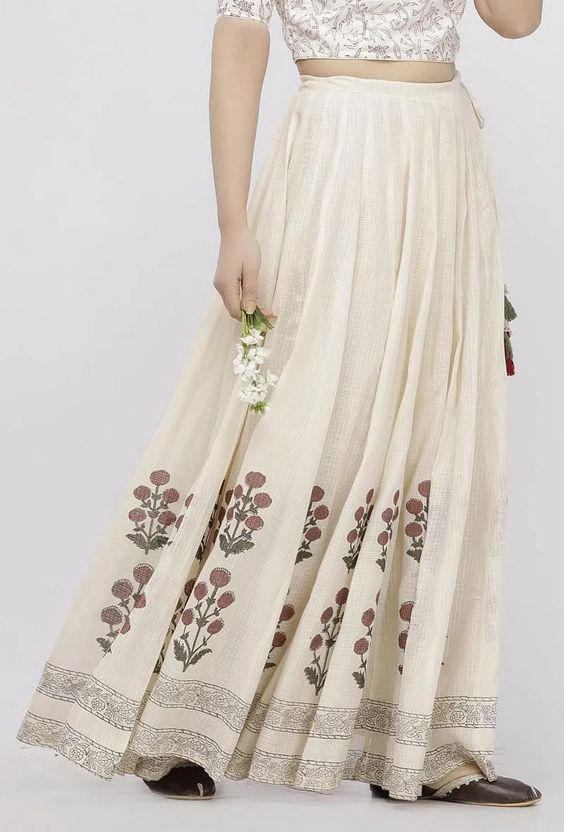 Off White  Hand-Block Printed Kalidaar  Kota Skirt