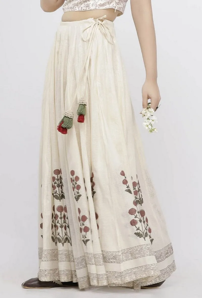 Off White  Hand-Block Printed Kalidaar  Kota Skirt