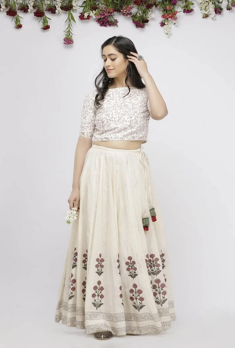 Off White  Hand-Block Printed Kalidaar  Kota Skirt